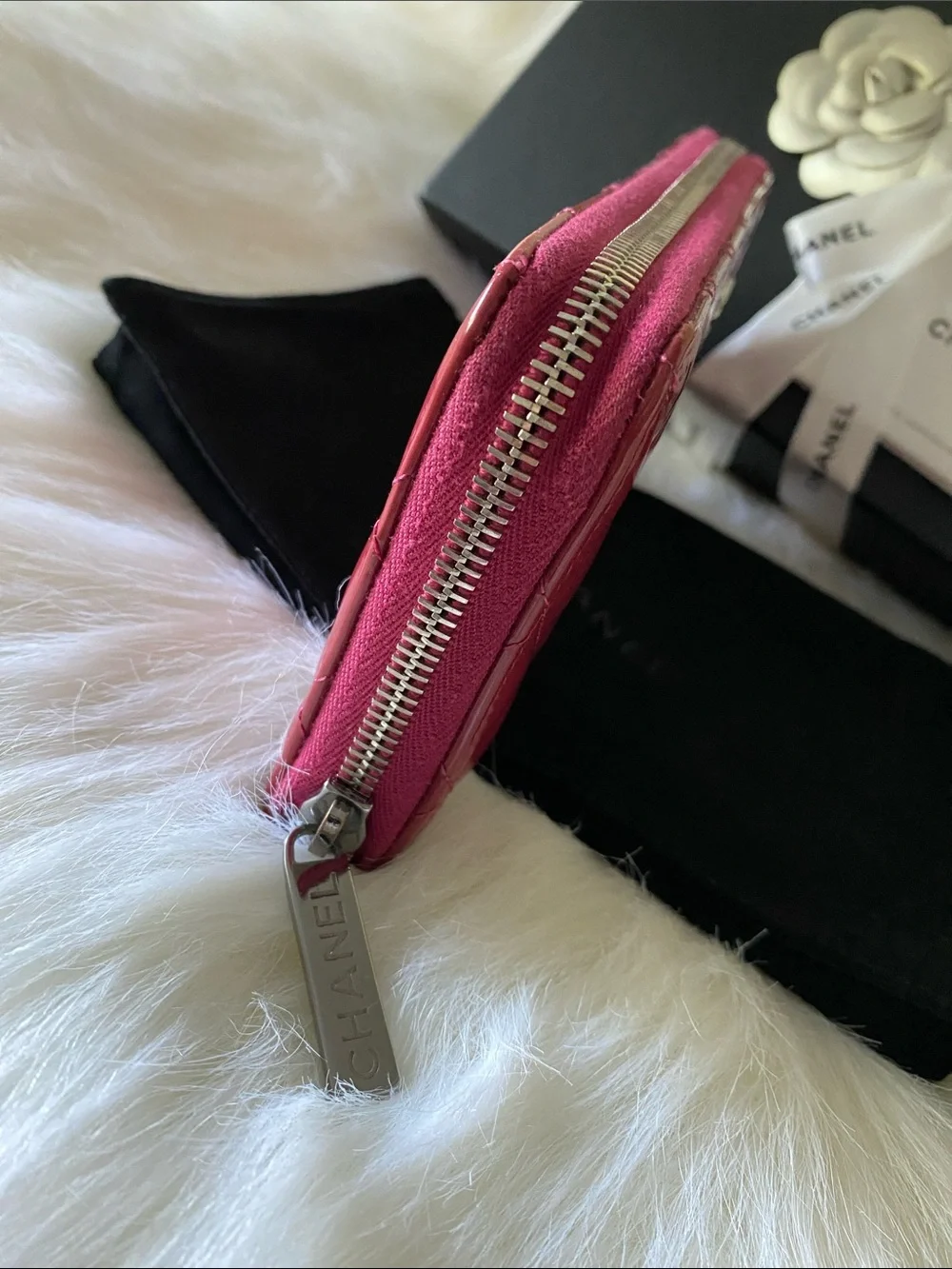 Chanel Patent Leather Brilliant Matelassé Long Zip Wallet in Rose Pink in Box